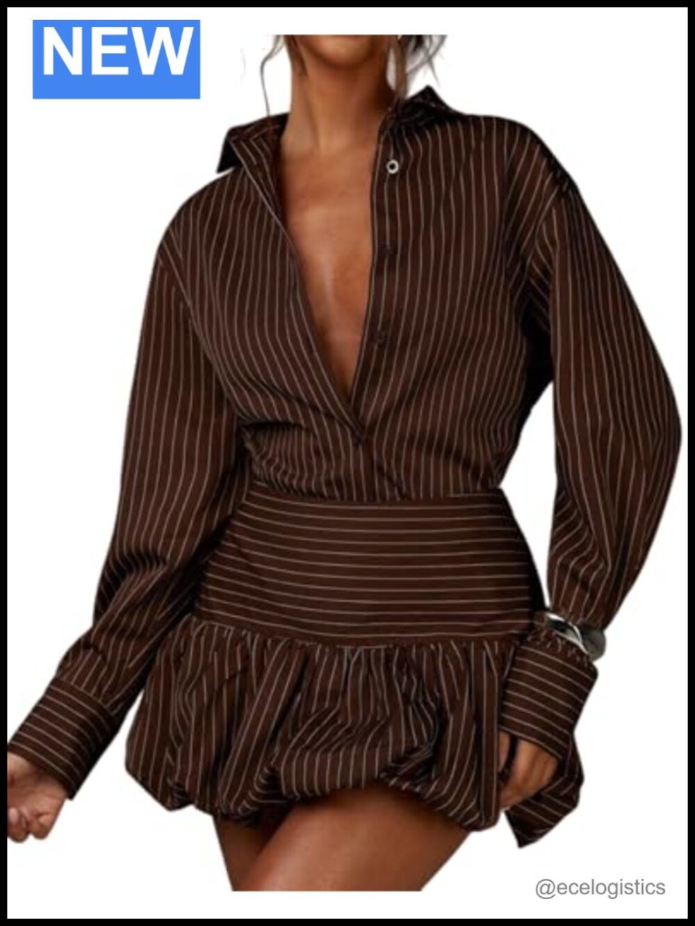 2 Piece Skirt Set Women Long Sleeve Stripe Top Mini Bubble Skirt Date Outfit